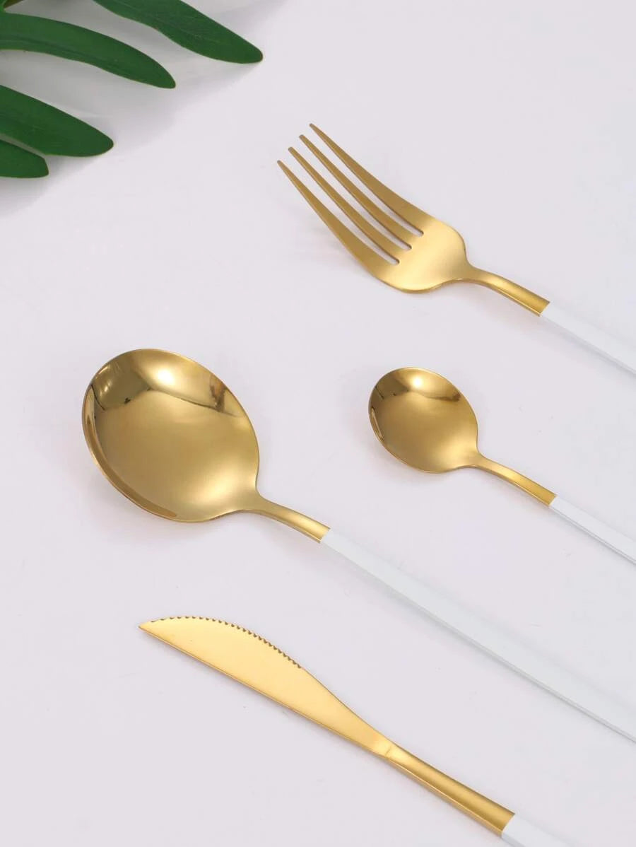 24pcs Stainless Steel Cutlery Set - White and Gold