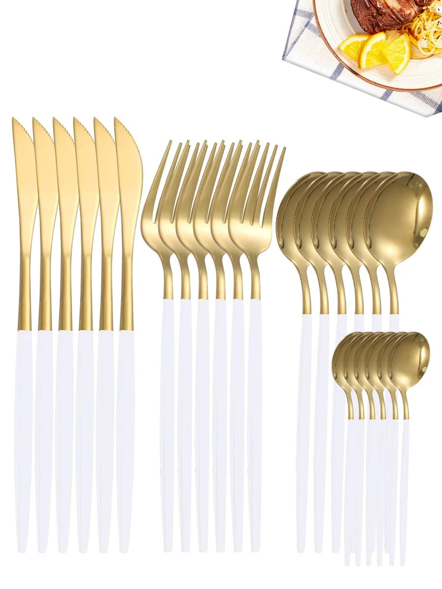 24pcs Stainless Steel Cutlery Set - White and Gold