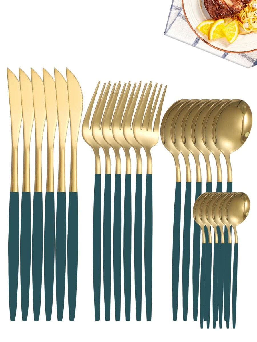 24pcs Stainless Steel Cutlery Set - Green and Gold