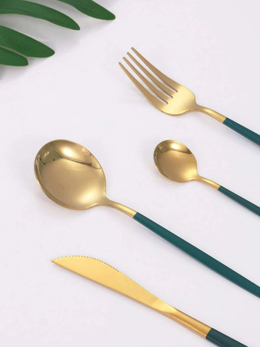 24pcs Stainless Steel Cutlery Set - Green and Gold